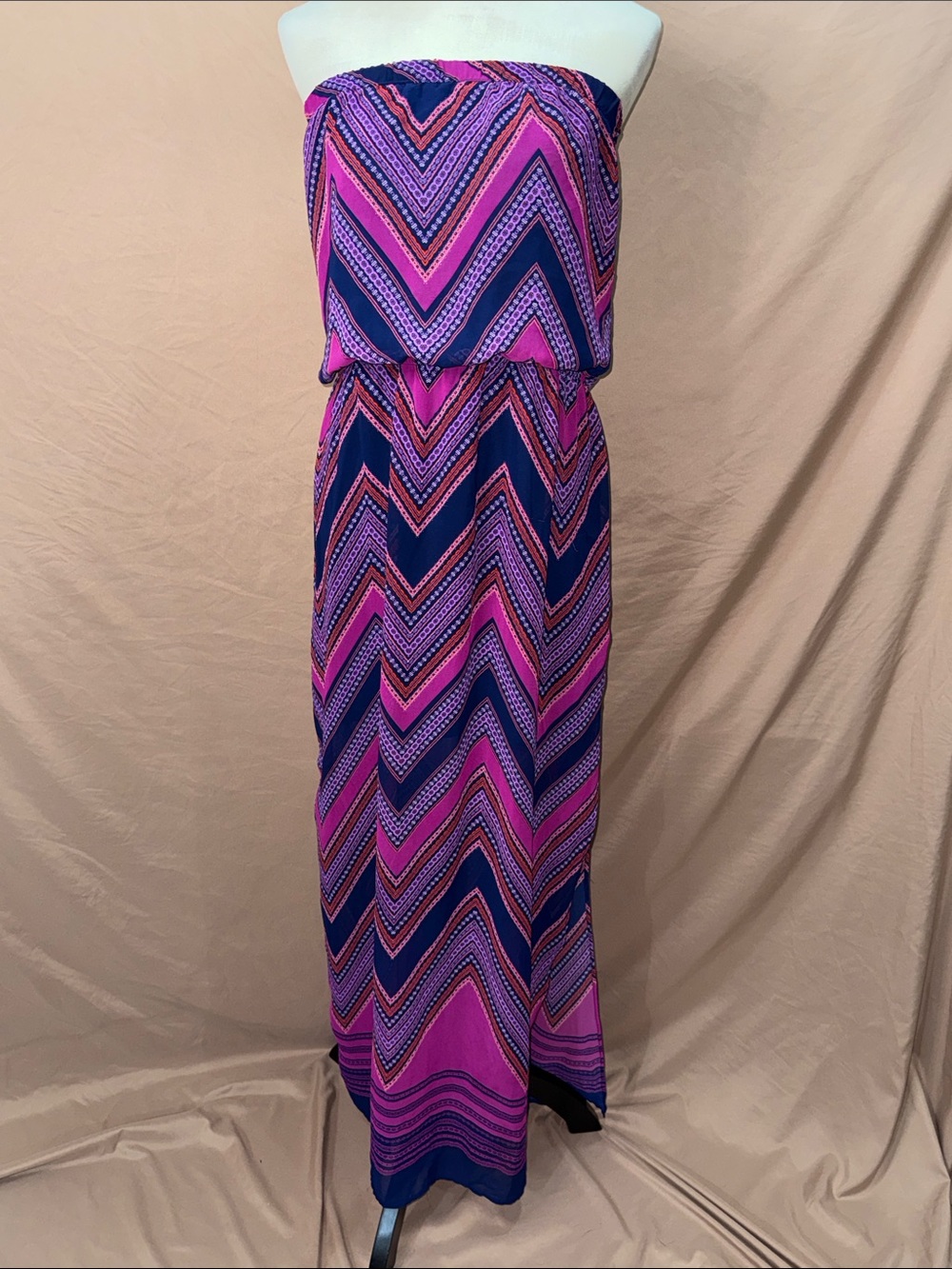 Express Strapless Chevron Maxi Dress in Pink and Navy